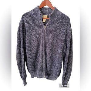 LL Bean Mens Full Zip Crochet Knit Sweater Mock Neck Blue Long Sleeve Si…